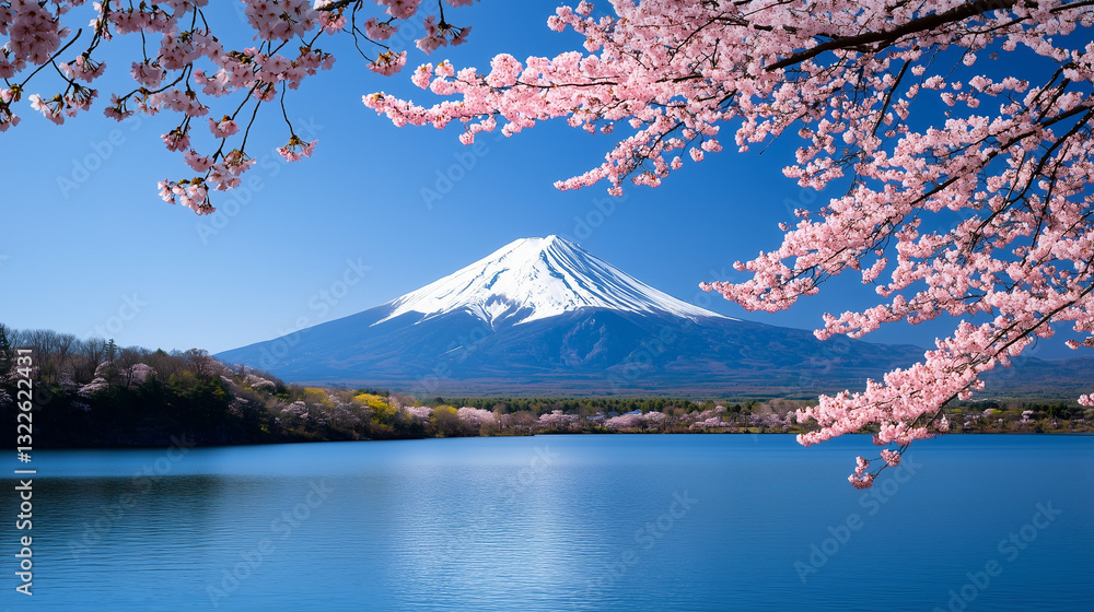 Fototapeta premium Blooming Sakura with Majestic Mount Fuji and Azure Sky