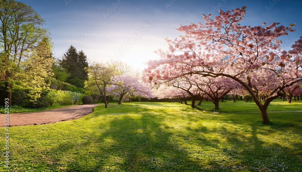 Vibrant Blossoms Bloom amidst a Lush Green Park Scene, Radiating Life and Joy under a Clear Blue Sky on a Warm Spring Morning Vibrant Blossoms Bloom amidst a Lush Green Park Scene, Radiating Life and Joy under a Clear Blue Sky on a Warm Spring Morning