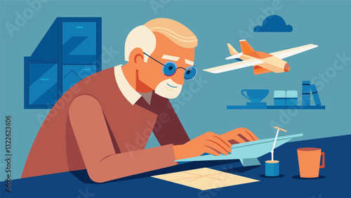 A senior man concentrating on putting together a intricate model airplane at a crafting club for aviation enthusiasts.. Vector illustration