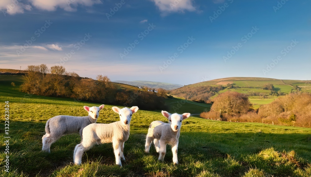 Naklejka premium Blossoming Spring Adorable Baby Lambs Basking in the Sunlight of Brecon Beacons National Park, Capturing the Warmth and Vitality of a New Season.
