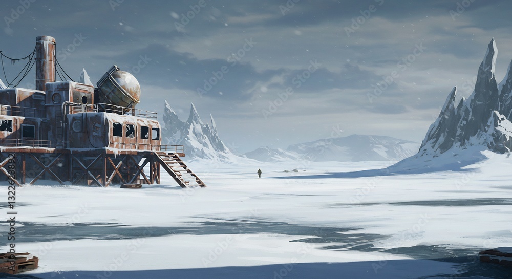 Obraz premium Lonely Figure Walks Frozen Wasteland Near Derelict Outpost. AI Generated