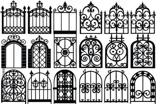 Wrought iron fence black silhouette Iron border isolated on white background