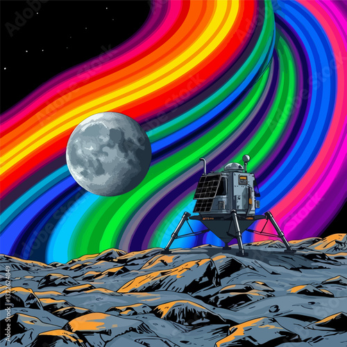 Space probe on the lunar surface. Abstract drawing on the theme of space research. Lunar rainbow, science fiction. EPS 10 version.