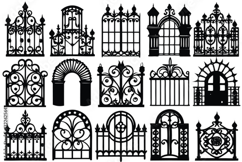 Wrought iron fence black silhouette Iron border isolated on white background