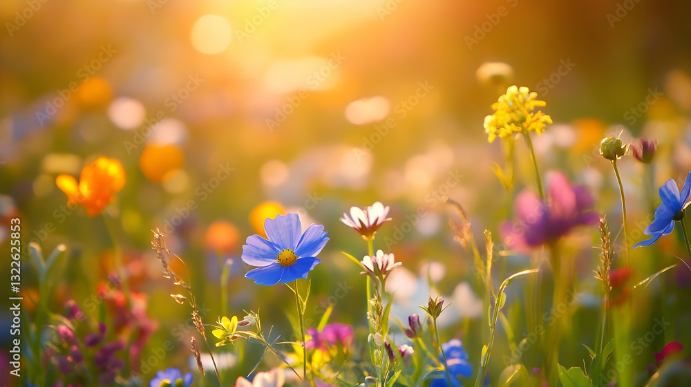Sunlit wildflower meadow with colorful spring blossoms Sunlit wildflower meadow with colorful spring blossoms