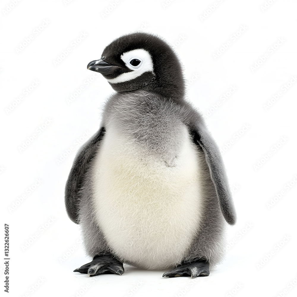 Obraz premium fluffy penguin chick stands isolated on white background