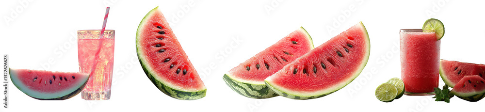 Set of fresh watermelon slices and refreshing watermelon juice, showcasing vibrant colors and natural textures, PNG, isolated on transparent background. Set of fresh watermelon slices and refreshing watermelon juice, showcasing vibrant colors and natural textures, PNG, isolated on transparent background.