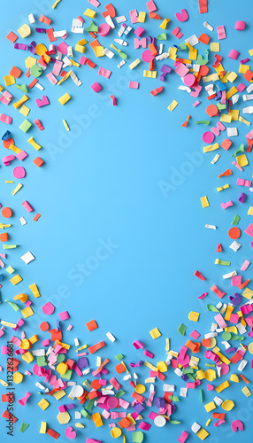 Frame of multicolored confetti on blue background with blank space for text, Dreamy. with white shades