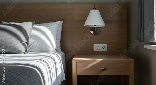 Serene bedroom sunlight illuminates crisp bedding and wood tones. AI Generated