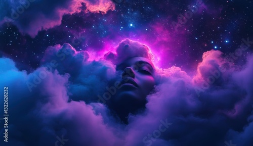 Surreal portrait of a woman's face emerging from clouds, bathed in vibrant pink and purple cosmic nebula. Dark, moody atmosphere