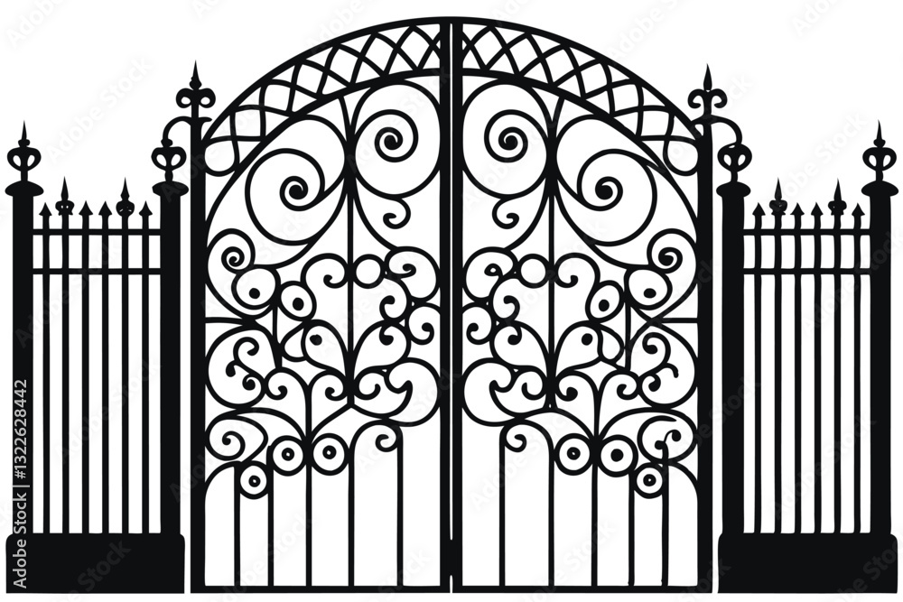 silhouette of a wrought iron gate vector illustration. Metal openwork old gates to the castle. Openwork leaf steel doors to the garden plot silhouette of a wrought iron gate vector illustration. Metal openwork old gates to the castle. Openwork leaf steel doors to the garden plot