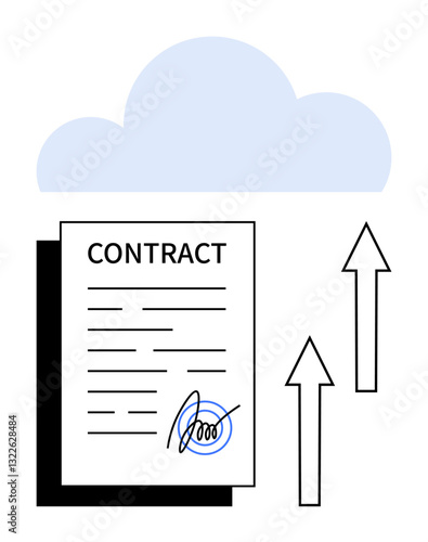 Contract document with signature uploaded to cloud using arrows signifying digital transfer. Ideal for cloud storage, paperless workflow, technology, data security, online agreements, legal tech