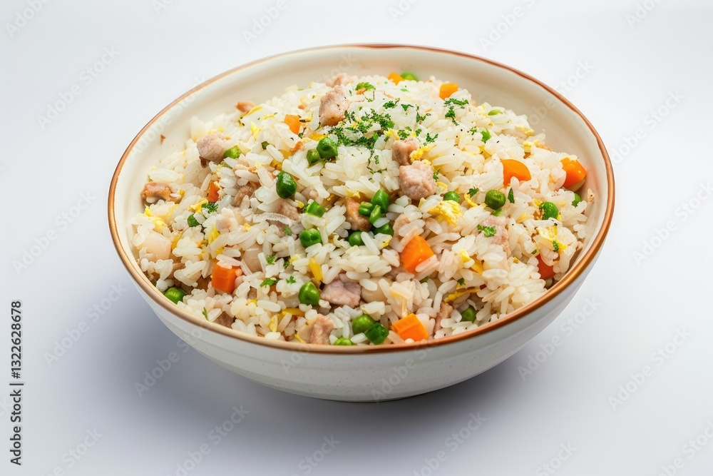 flawless image of Top view frozen fried rice with pork on white background flawless image of Top view frozen fried rice with pork on white background