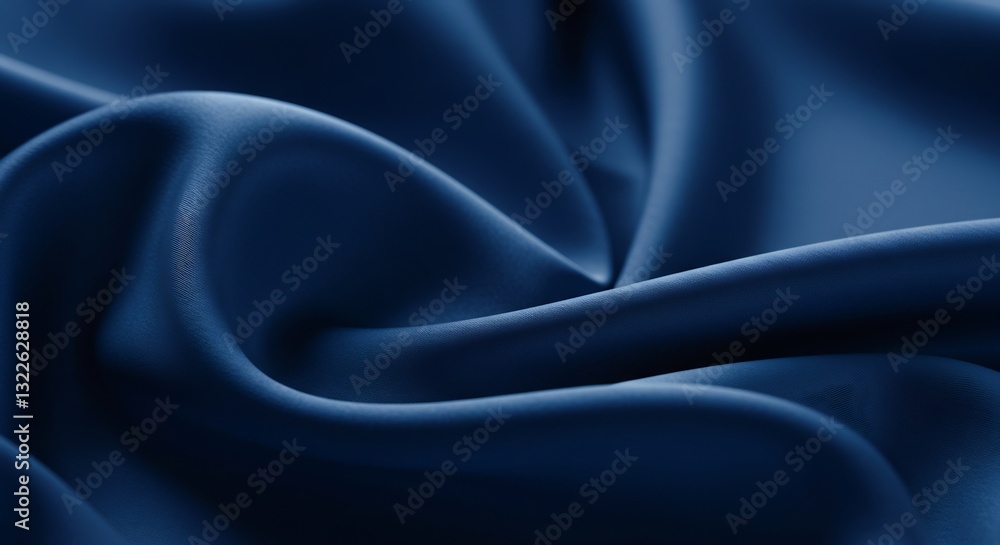 Fototapeta premium Deep blue silk drapes elegantly soft light reflecting luxurious folds. AI Generated