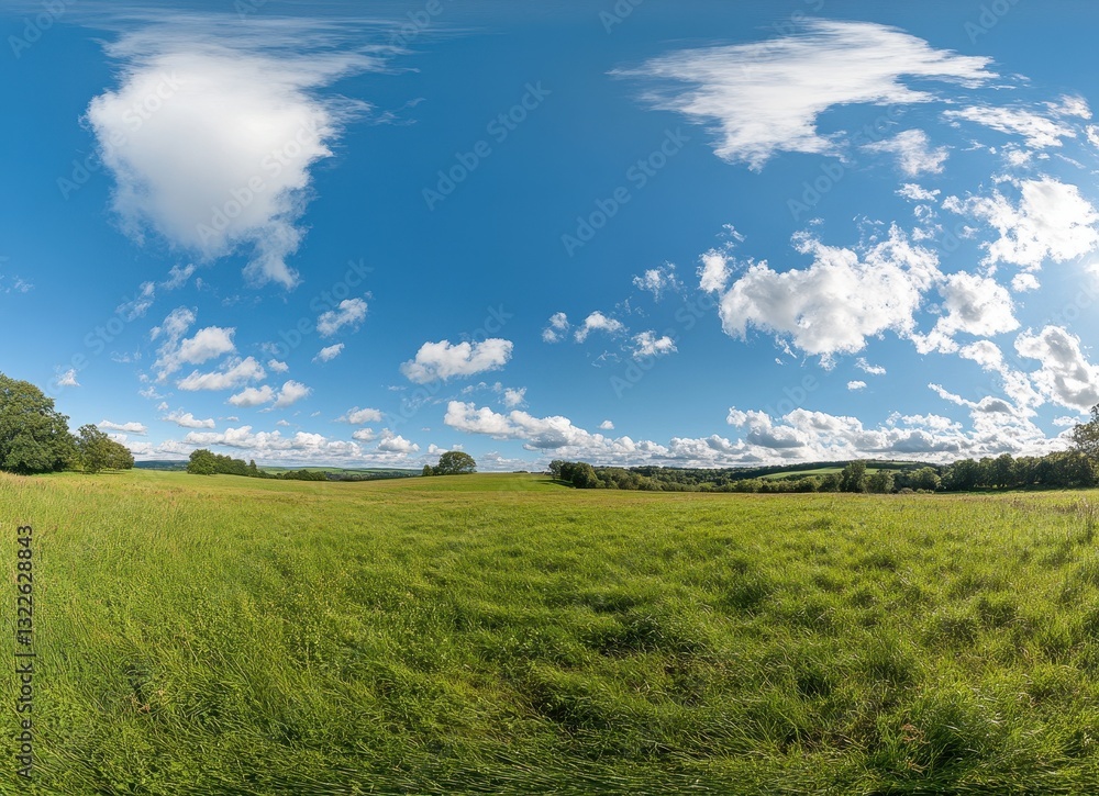 Obraz premium Vast Open Meadow Under Bright Blue Sky with Soft White Clouds and Lush Green Grass in a Peaceful Natural Landscape