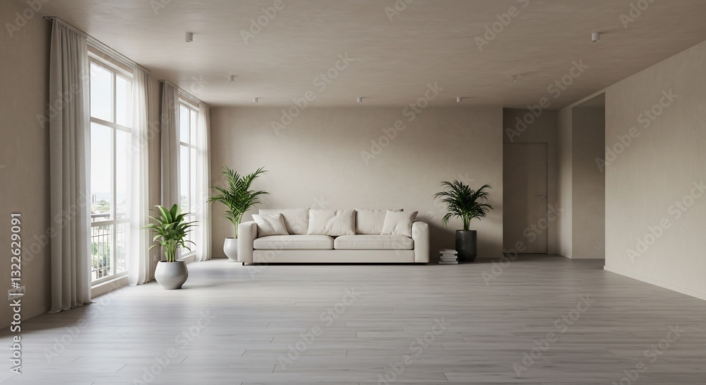 Obraz premium Serene neutral living room subtly lit showcasing minimalist design. AI Generated
