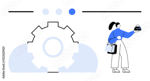 Woman holding shopping bags and admiring a handbag beside a large gear with cloud elements. Ideal for e-commerce, technology, consumer trends, shopping, retail innovation, digital marketing, flat