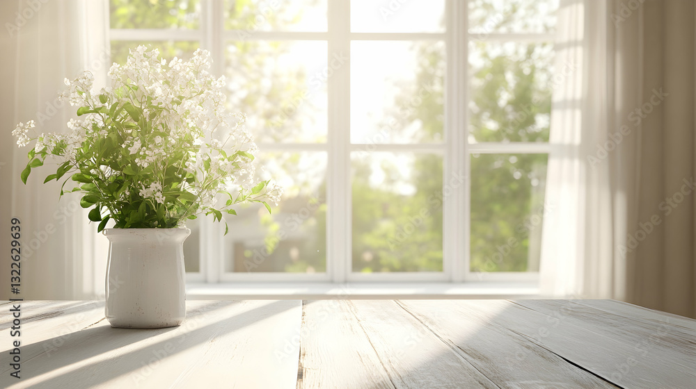 White wood table set beside a large spring window with sunlight White wood table set beside a large spring window with sunlight