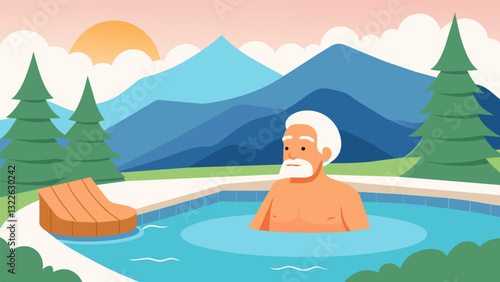 A senior attendee embraces the natural hot springs at the retreat allowing the warm waters to soothe their mind body and soul.. Vector illustration
