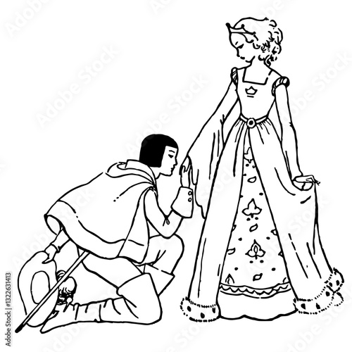 Prince kisses hand of Princess, Retro Vector Illustration