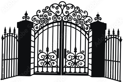 Vector illustration wrought-iron fence. Old metal fence or gate. Gate silhouette. Modern forged gates