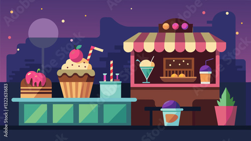 For those with a latenight sweet tooth the snack bar offered a wide selection of decadent desserts from gooey brownies to ice cream sundaes.. Vector illustration