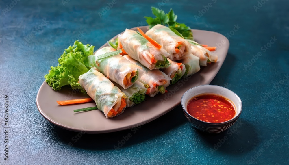 Delightful Spring Rolls with Chicken and Vegetables, Artfully Presented on a Vibrant Platter, Served with Zesty Sweet Chili or Savory Soy Sauce, Showcasing an Exquisite Asian Feast for the Eye Delightful Spring Rolls with Chicken and Vegetables, Artfully Presented on a Vibrant Platter, Served with Zesty Sweet Chili or Savory Soy Sauce, Showcasing an Exquisite Asian Feast for the Eye