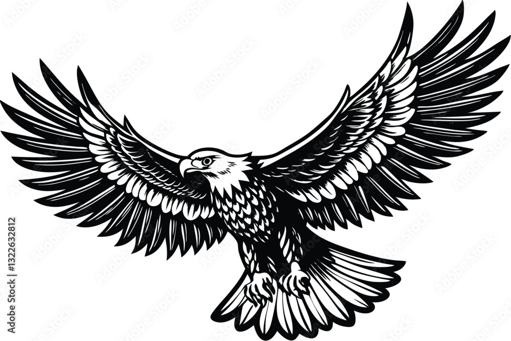 Fototapeta premium Flying Bald Eagle black and white Silhouette vector