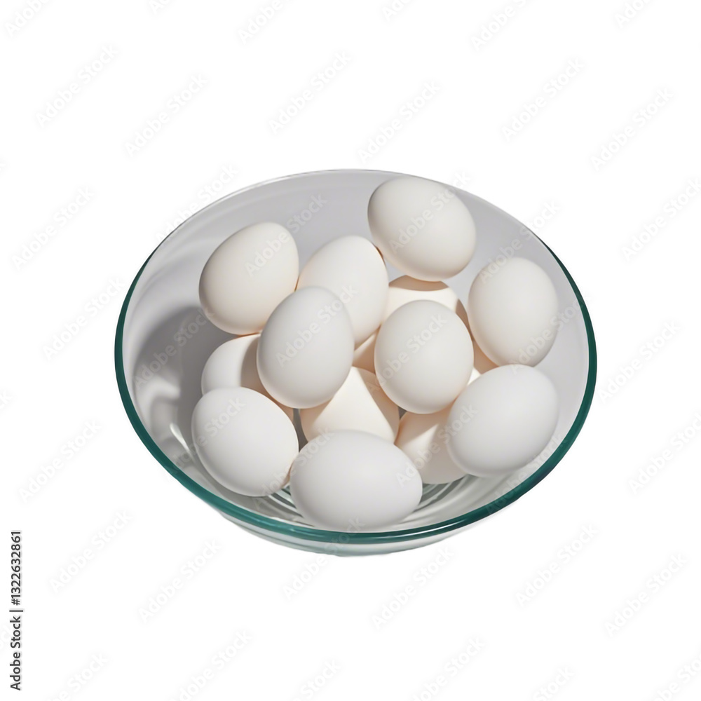 A clear glass bowl is filled with a cluster of fresh eggs on a white or transparent background. A clear glass bowl is filled with a cluster of fresh eggs on a white or transparent background.
