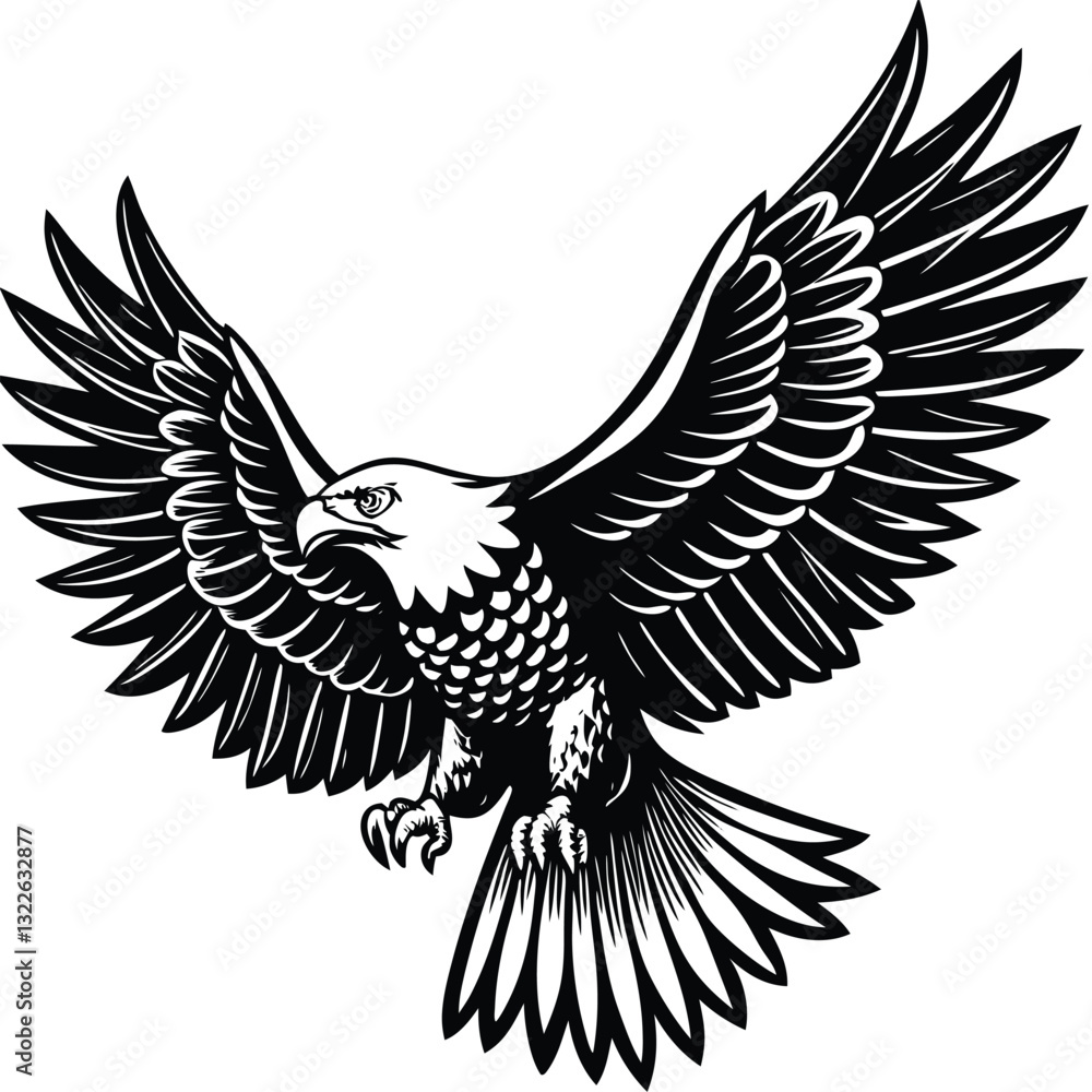 Fototapeta premium Flying Bald Eagle black and white Silhouette vector
