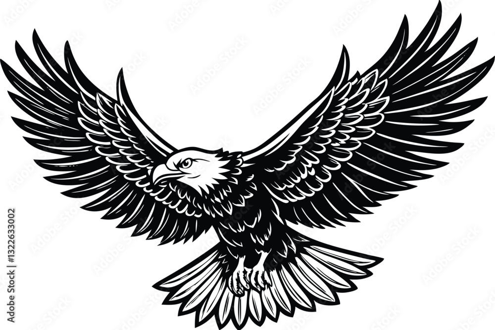 Fototapeta premium Flying Bald Eagle black and white Silhouette vector