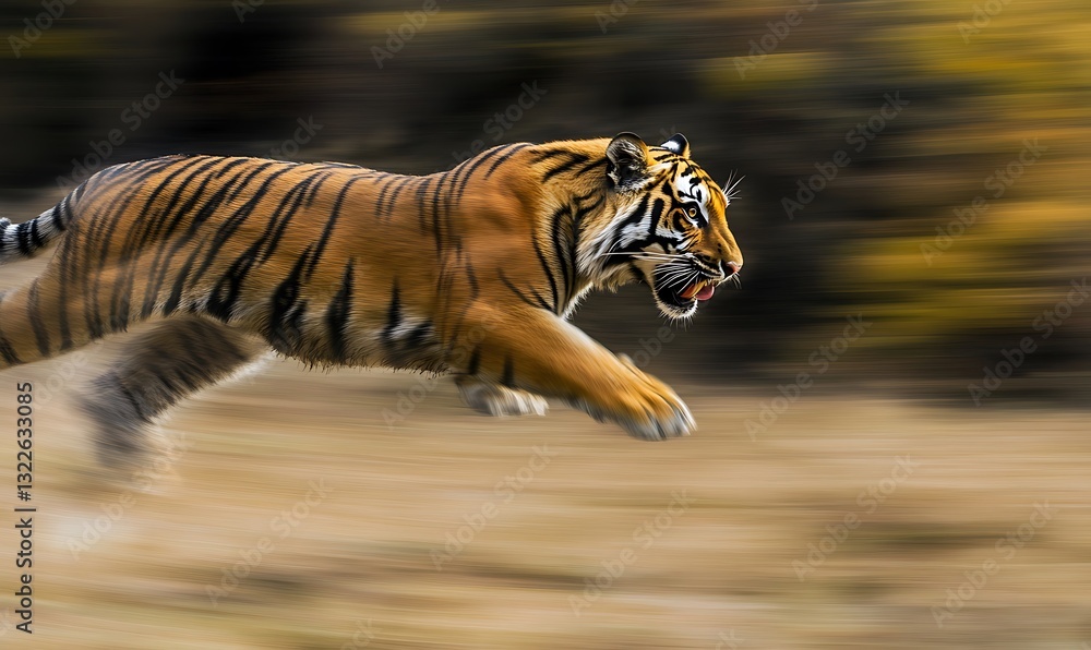 Obraz premium A powerful tiger is shown sprinting across the open plains landscape