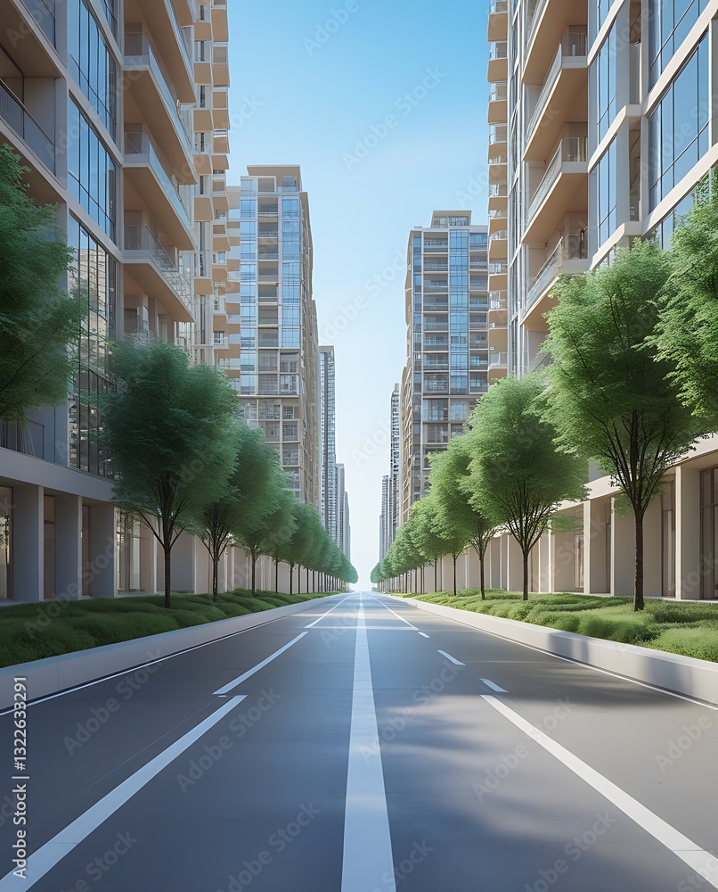 Modern urban residential complex with symmetrical apartment buildings, glass balconies, green trees, and a clean pedestrian pathway under a bright blue sky captured in perspective view
Modern urban residential complex with symmetrical apartment buildings, glass balconies, green trees, and a clean pedestrian pathway under a bright blue sky captured in perspective view