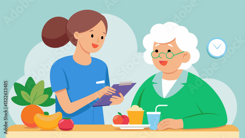 A nurse helping an elderly woman with her meal planning and teaching her about proper nutrition for her age.. Vector illustration