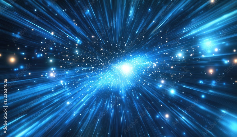 Cosmic light streaks through space. Stars and bright light rays zoom outwards Cosmic light streaks through space. Stars and bright light rays zoom outwards