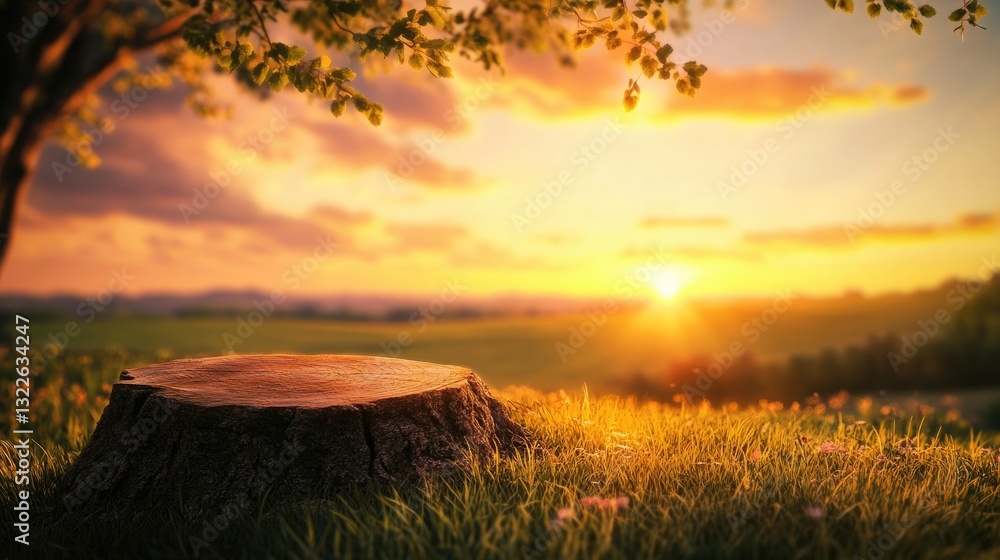 Obraz premium Serene Sunset Landscape with Tree Stump at Golden Hour