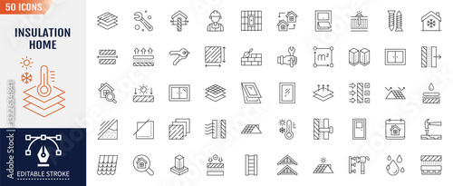 Insulation home line icon set. Editable stroke. Containing as construction, building, wall, window, protection, housetop, waterproofing, and more. Vector illustration