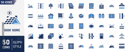 Roof home flat icon set. Containing as window, construction, protection, housetop construction materials, waterproofing, and more. Vector illustration