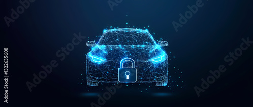 Secure Ride: A digital rendering showcases a car encased in a network of glowing lines, with a padlock superimposed on the front, symbolizing vehicle security and data protection in the digital age.