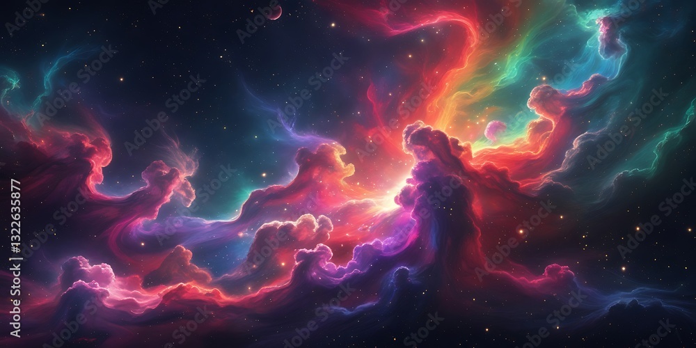 Fototapeta premium Stunning colorful cosmic nebula formation with radiant swirling clouds and glowing stardust in deep outer space, ideal for sci-fi themes or dreamy fantasy visuals