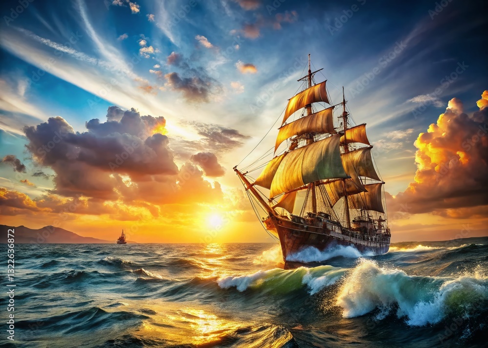 Fototapeta premium Pirate Ship Adventure: Exotic Islands & Treacherous Seas - Stock Photo