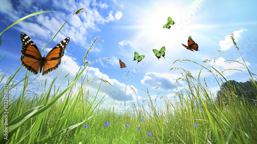Butterflies fluttering over vibrant summer landscape with green grass