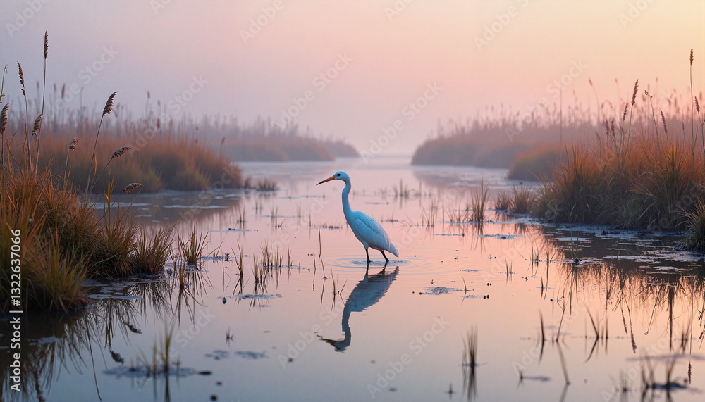 Great egret standing in calm water against a misty sunrise background Great egret standing in calm water against a misty sunrise background