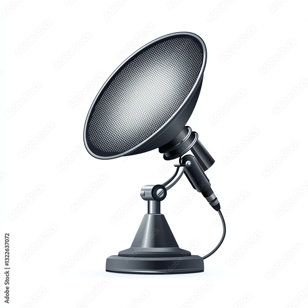Vector illustration of a parabolic microphone with a dish reflector, isolated on a white background, used for long-distance audio capture Vector illustration of a parabolic microphone with a dish reflector, isolated on a white background, used for long-distance audio capture