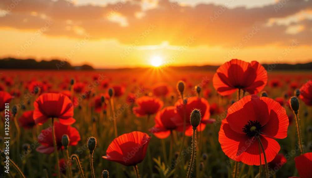 Fototapeta premium Vibrant red poppies blooming in a sunset field