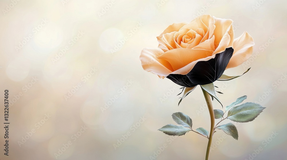 Obraz premium The black rose realistic illustration features intricate details of velvety petals with deep shadows and delicate veins, creating a striking contrast against a soft, blurred background.