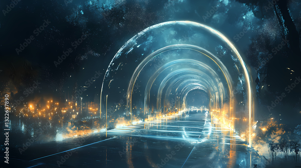 A cutting-edge path lit by a dazzling array of luminous arches, accompanied by mist and reflective surfaces. Luminous Mist. Illustration A cutting-edge path lit by a dazzling array of luminous arches, accompanied by mist and reflective surfaces. Luminous Mist. Illustration