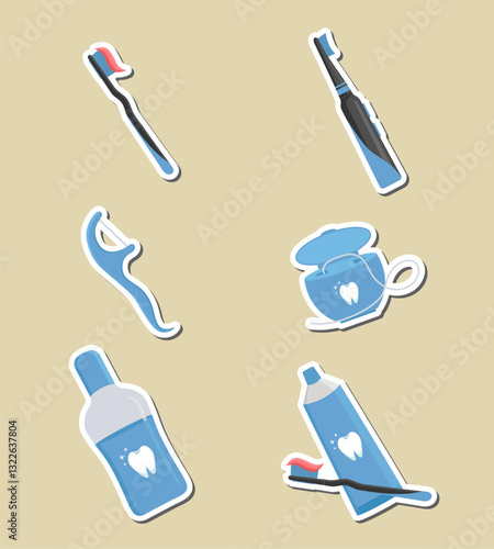 Dental care essentials. Vector sticker set of oral hygiene products