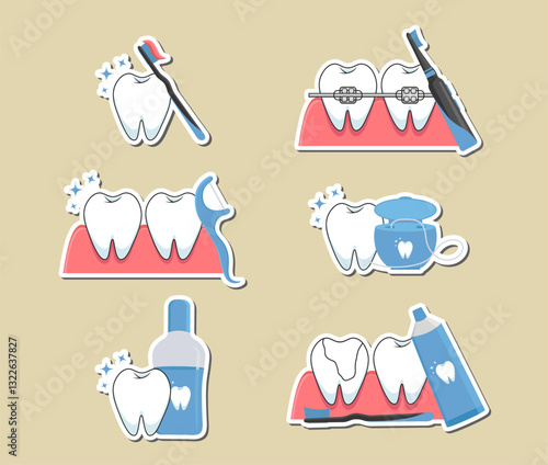 Oral hygiene and dental care. Vector sticker set of teeth and hygiene products