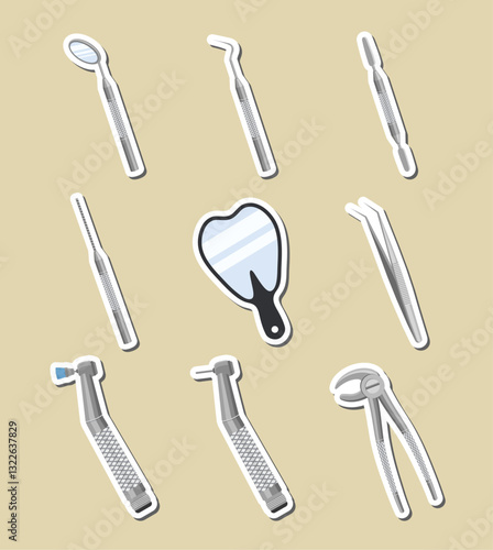 Essential dental instruments. Vector sticker set of professional tools